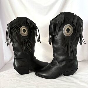 Vintage black leather western cowboy boots fringe silver concho size 5